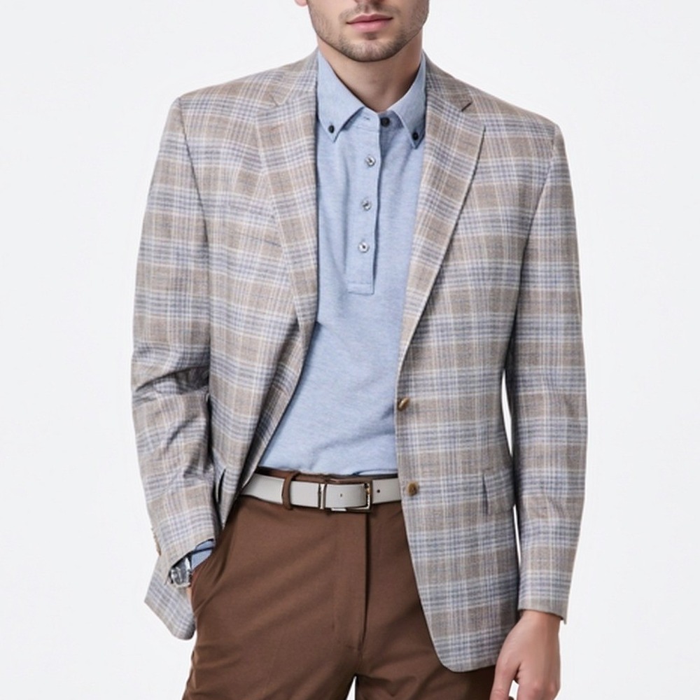 Michael Kors Sport Coat Men 48L Taupe/Blue Plaid Preppy Light Academia NWT